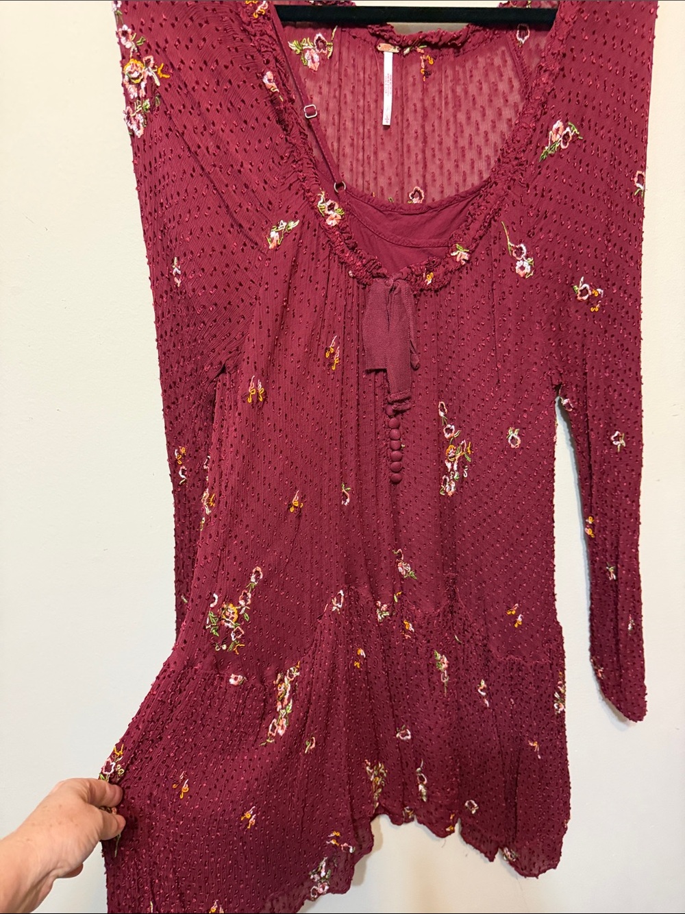 Free People Burgundy Floral Textured Long-Sleeve Dress